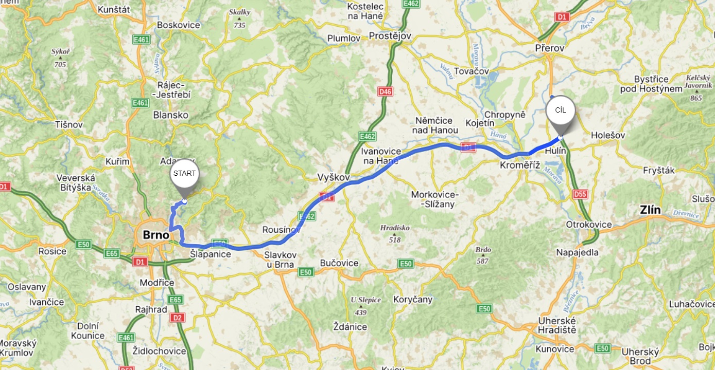 trasa Brno - hulín